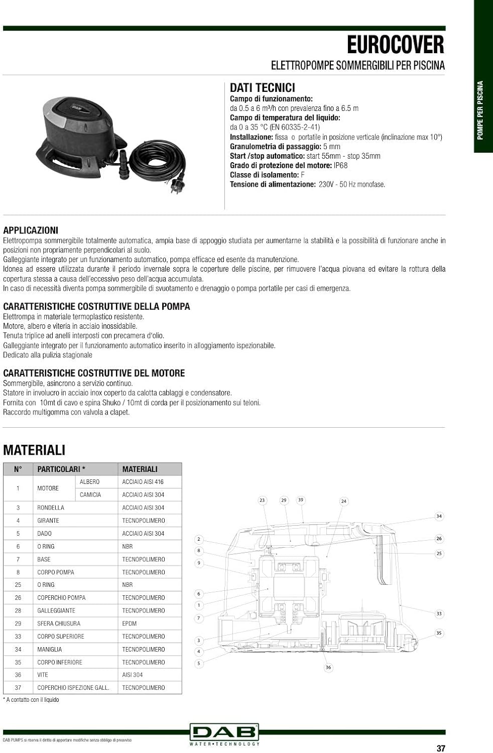 Elettropompa Drenaggio Piscina Eurocover Dab